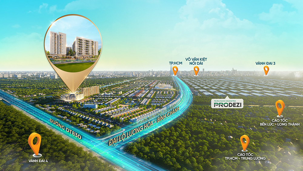 Khu đô thị sinh thái LA Home tọa lạc vị trí đắc địa với mặt tiền đại lộ Lương Hòa - Bình Chánh và kết nối đến Võ Văn Kiệt nối dài chỉ từ 5 phút