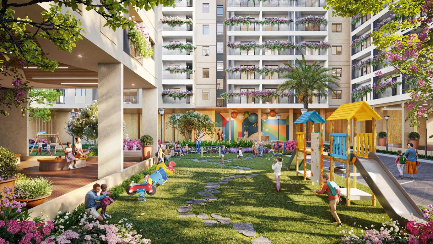 Sân chơi thiếu nhi tại khuôn viên chung cư nhà ở xã hội LA Home. Ảnh: Prodezi